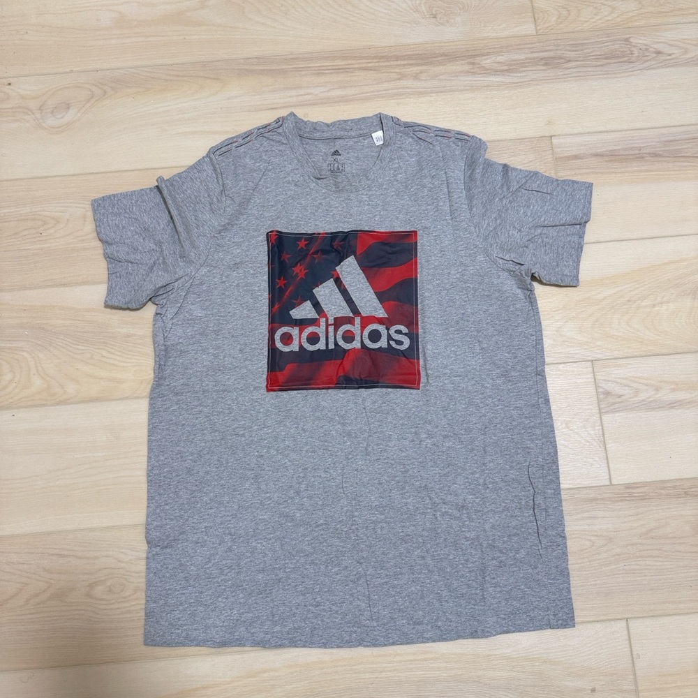 Adidas Gray Tee with Red and Blue Stars Graphic
